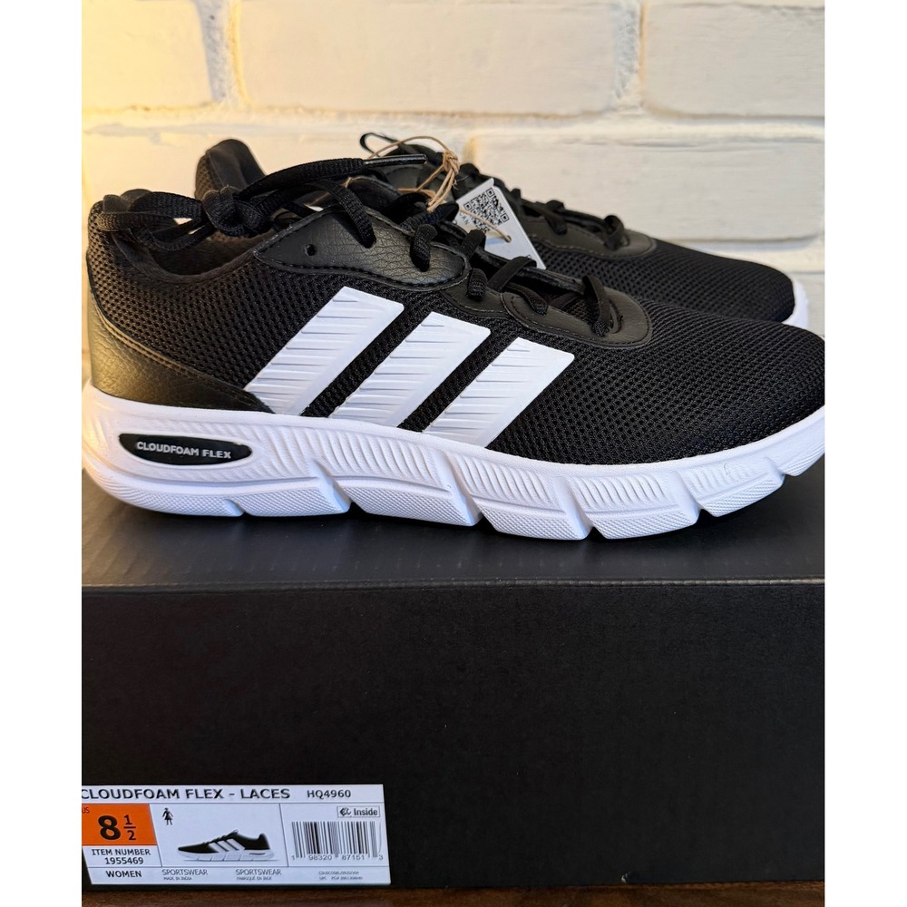 Adidas Cloudfoam Flex Laces Womens 8.5 Wide Running Shoes Black White Athleisure